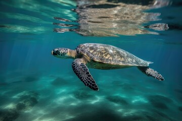 Wall Mural - sea turtle swimming through clear blue waters, created with generative ai