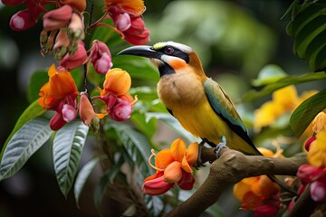 Wall Mural - exotic bird, perched on flowering tree branch, in tropical garden, created with generative ai