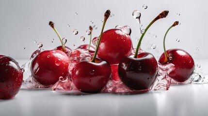 Wall Mural - Fresh ripe cherry on white background with water drops on a white background, top view