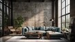 © RocknRoller Studios - Industrial Interior Design Background. Stylish Living Room. Generative AI.