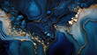 © RocknRoller Studios - Beautiful Navy Blue Paint Swirls with Gold Powder. Modern Marbling Background. Generative AI.