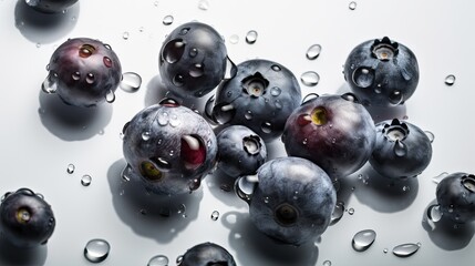 Wall Mural - Fresh ripe blueberry on white background with water drops on a white background, top view