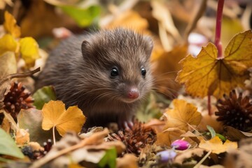 Poster - baby hedgehog surrounded by pile of leaves, with wildflowers in the background, created with generative ai