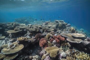 Sticker - close-up of a colorful reef, with schools of fish and coral visible, created with generative ai