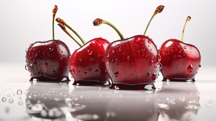 Wall Mural - Fresh ripe cherry on white background with water drops on a white background, top view