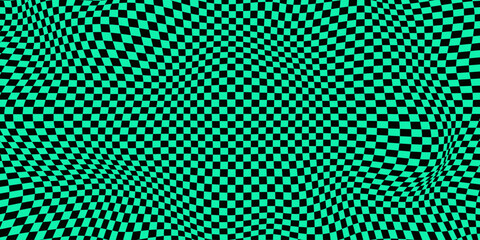 Wall Mural - Wavy chess board on green background. Chessboard concept. Wave distortion effect. Vector illustration.