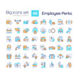 Employee perks RGB color icons set. Incentive program. Work environment. Increase productivity. Reward system. Isolated vector illustrations. Simple filled line drawings collection. Editable stroke