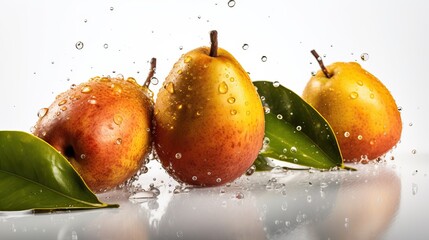 Wall Mural - Fresh pears with water drops on white background. Close up