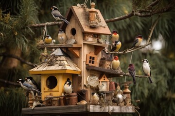 Sticker - close-up of birdhouse with a variety of birds feeding and roosting, created with generative ai