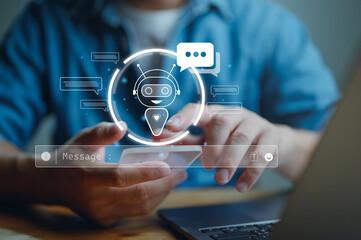 Poster - Chatbot Chat with AI, Artificial Intelligence. man using technology smart robot AI, artificial intelligence by enter command prompt for generates something, Futuristic technology transformation.