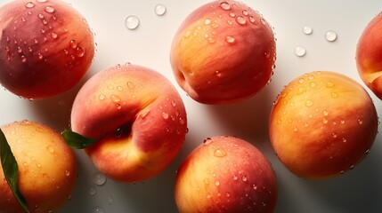 Wall Mural - Fresh peach with water drops on white background. Close up