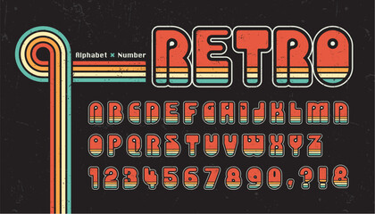 60's, 70's retro lines alphabet letter and number. Seventies nostalgia typographic design. Vintage hippie font or typeface for title, headline, poster, banner, graphic layout, etc.