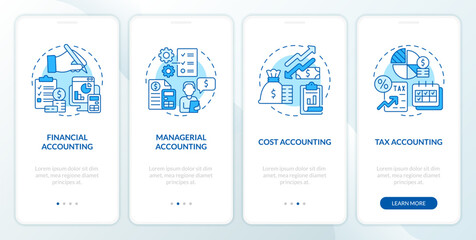 Wall Mural - financial accounting blue onboarding mobile app screen. walkthrough 4 steps editable graphic instruc