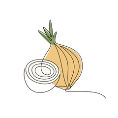 Canvas Print - Cut yellow onion vector. Line continuous hand drawn illustration. Vegetable outline icon. Garden plant. Minimal linear silhouette. Graphic design, print, banner, card, brochure, cartoon sign, doodle.