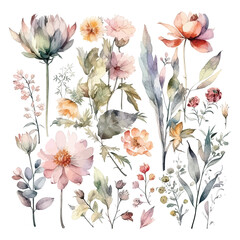 Wall Mural - Set of watercolor flowers leaves and twigs on a white background