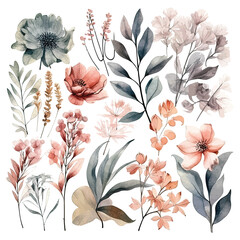 Wall Mural - Set of watercolor flowers leaves and twigs on a white background