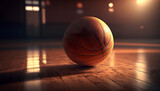 Fototapeta Sport - Banner sports tournament Basketball, ball on dark background court with sun light. Generation AI