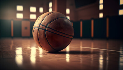 Wall Mural - Banner sports tournament Basketball, ball on dark background court, copy space. Generation AI