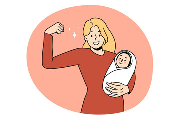 superhero mother and strength concept. young smiling woman mother standing holding newborn infant ba