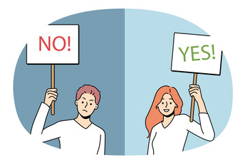 Wall Mural - Saying yes or no concept. Young positive woman holding yes sign when negative man holding no sign in hands opposite decisions vector illustration