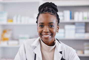 Poster - Black woman, doctor and portrait smile in healthcare, pharmacy or medication consultant at clinic. Face of happy African American female medical professional or pharmacist smiling in health insurance