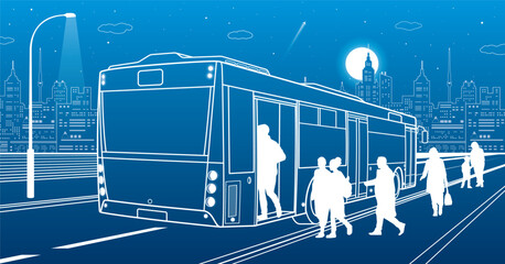 Wall Mural - City transportation infrastructure illustration. Passengers get off the bus. people walk down the street. Night town on background, vector design art