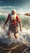 © DyrElena - AI generated Portrait of Santa Claus running on the beach at Christmas time