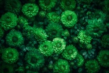 Wall Of Bright Green Flowers Background. Generative AI