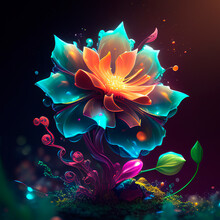 Magic Flower With Blue And Orange Petals, Ai Art