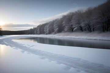 Wall Mural - Winter river landscape with in the frozen bank of the river. Cold wet weather with gray sky. Sandy beach with trees. Environmental protection. Outdoor activity for all family.