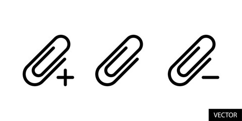 Sticker - Add and remove attachment, paper clip with plus and minus sign vector icons in line style design for website, app, UI, isolated on white background. Editable stroke. Vector illustration.