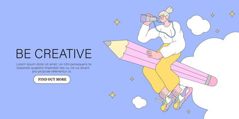 Wall Mural - woman designer flying on pencil . creative or educational process banner, ad, landing page or poster