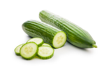 Wall Mural - Sliced fresh green cucumber isolated on white background.