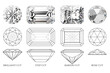 Four diamond cut styles - brilliant, step, barion, rose, with diagrams.  3d illustration isolated on white background