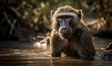 Photo Of Chacma Baboon Sitting In Water In Its Natural Habitat. Generative AI