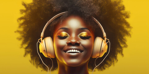 Generative AI image of happy smiling african american beautiful black woman with afro hairstyle, listening music with headphones. Beauty portrait at studio isolated over yellow background. 