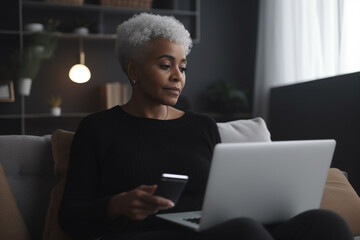 stylish older black woman with laptop computer at home, created with Generative AI Technology