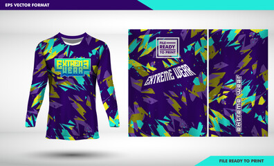 Canvas Print - Long sleeve t-shirt design template, Motorcycle racing , mtb, grunge texture jersey mockup. gaming uniform front view., dark purple sharp grunge, texture background