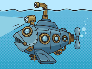 fantastic submarine in the form of mechanical big fish pinup pop art retro vector illustration. Comic book style imitation.