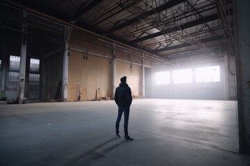 Wall Mural - gig worker making video walkthrough of empty warehouse, for use in advertising or marketing, created