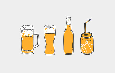 Hand drawn vector abstract graphic line illustration with glass beer mugs and bottle set collection .Vector outline beer illustration sketch drawing. Vector beer glass isolated element design concept.