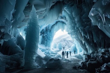 Wall Mural - cavern, with towering ice pillars and frozen ground, surrounded by blizzard, created with generative ai