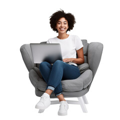 Full length of young woman siting on cozy armchair with using laptop computer pc,  full body person isolated on white and transparent background, ai generate