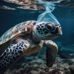 Wall Mural - Green sea turtle swimming underwater in the ocean. wrapped in a plastic bag. Concept of environmental conservation. generative AI