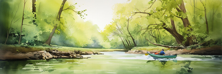  Watercolor illustration of a kayak peacefully navigating a wild and natural river Generative AI
