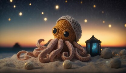 Wall Mural - A cute octopus in a shell on a night sandy sea beach, a knitted toy made of expensive dark textile. Character for children's stories and fairy tales. Created with AI.