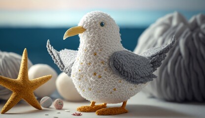 Wall Mural - Toy seagulls made of expensive textiles on the seashore. Character for children's stories and fairy tales. Created with AI.