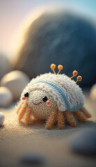 Wall Mural - A cute crab in a shell on a sandy sea beach, a knitted toy made of expensive textiles. Character for children's stories and fairy tales. Created with AI.