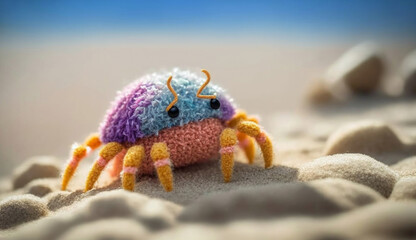 Wall Mural - A multi-colored crab on a sandy sea beach, a knitted toy made of expensive textiles. Character for children's stories and fairy tales. Created with AI.