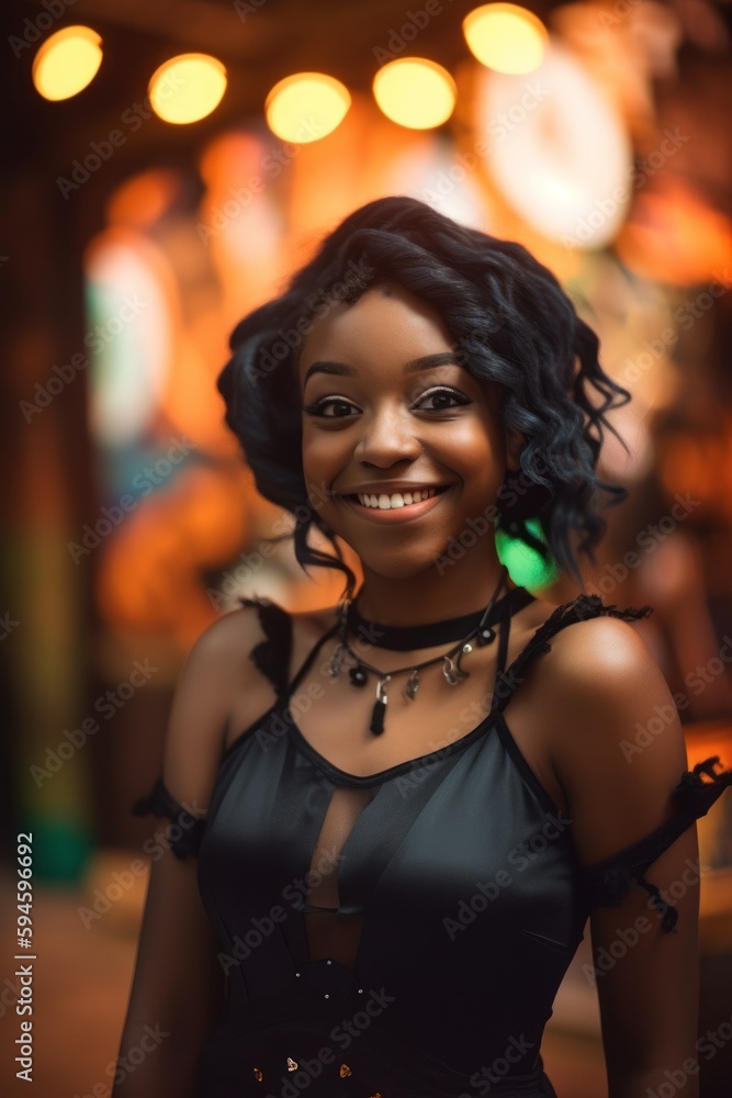 A black teenage girl wearing a black tight dress and a cheerful smiling  expression. Blurred background